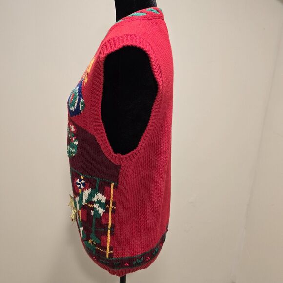 Jennifer Moore Petites Ugly Christmas Sweater Vest Women's Medium Red Hand Knit - Picture 6 of 10